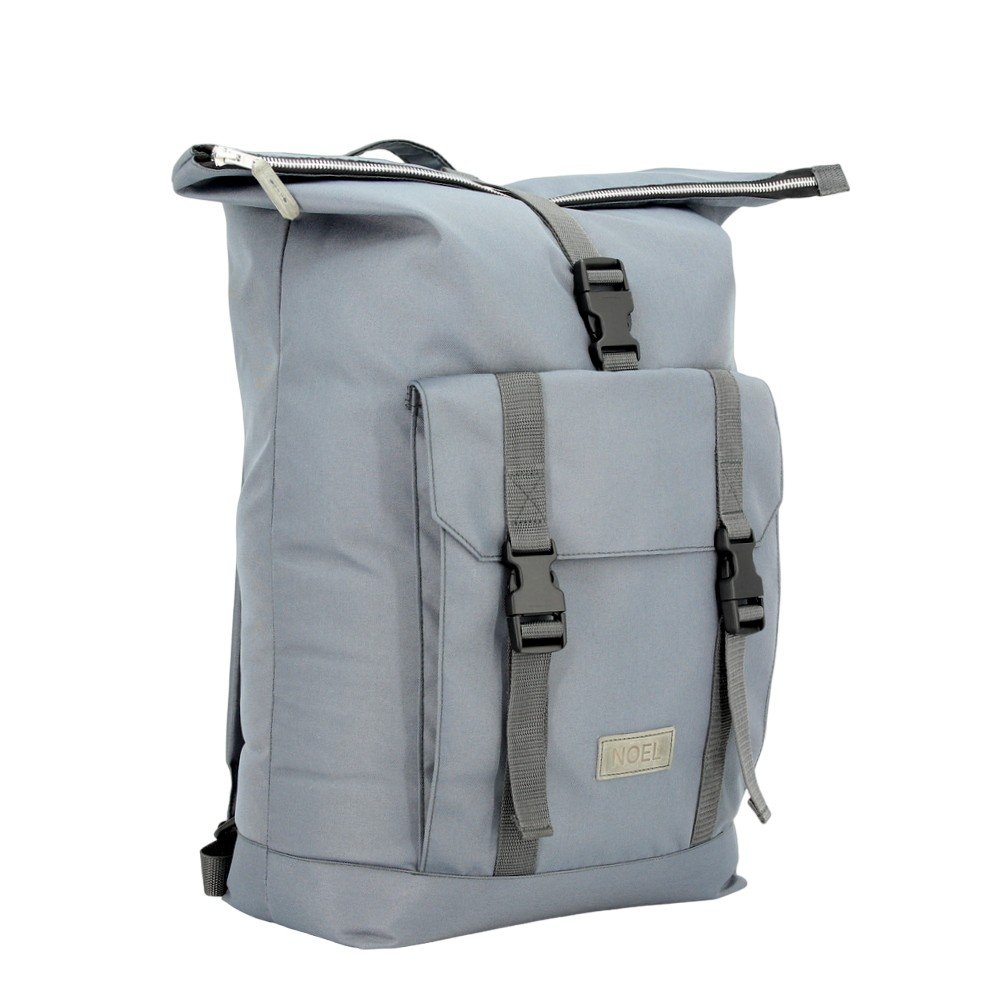 5. Angled front view of Noel Cliff 25L light grey backpack with zippered top and buckles
