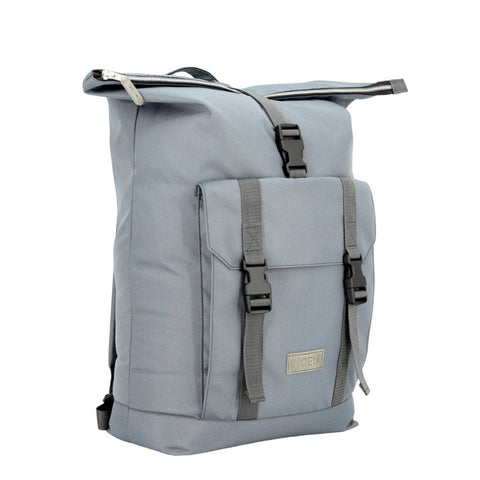 5. Angled front view of Noel Cliff 25L light grey backpack with zippered top and buckles
