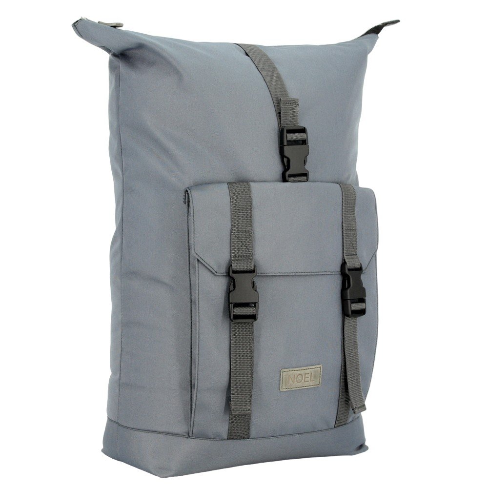 3. Angled view of Noel Cliff 25L light grey backpack highlighting front pocket and buckles