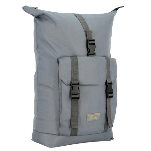 3. Angled view of Noel Cliff 25L light grey backpack highlighting front pocket and buckles