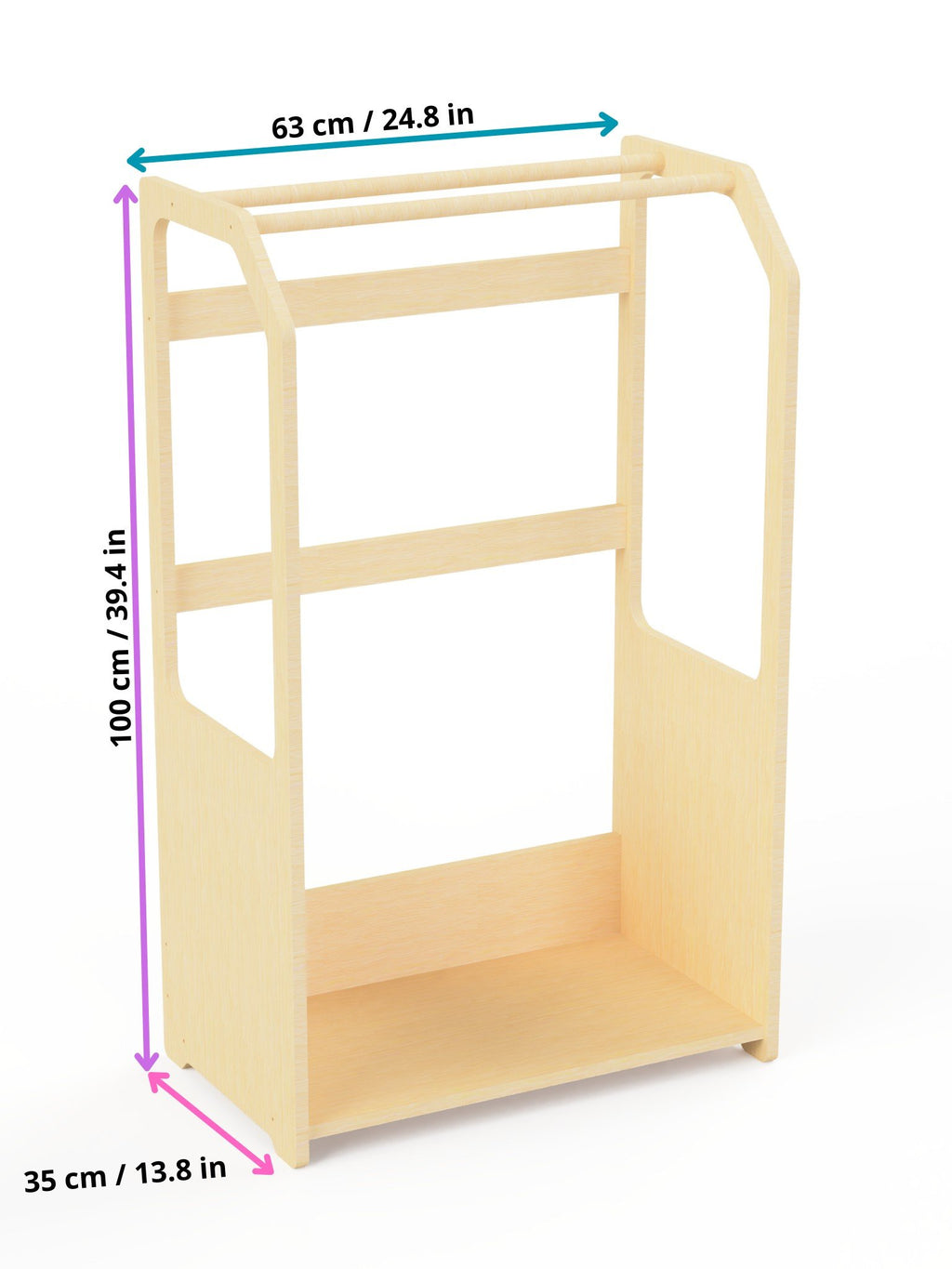 9. Size chart for Montessori wooden clothes drying rack with dimensions in centimeters and inches
