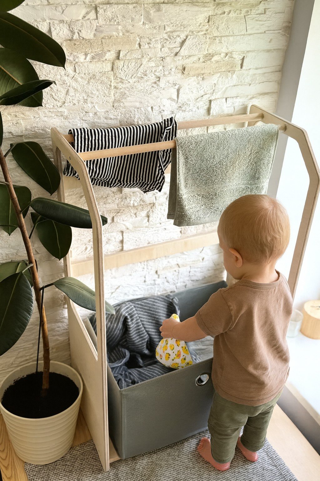 1. Toddler using Montessori wooden clothes drying rack with grey fabric basket in a bright room