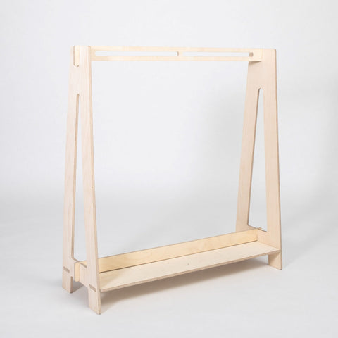 4. Empty natural wood toddler clothing rack on a white background