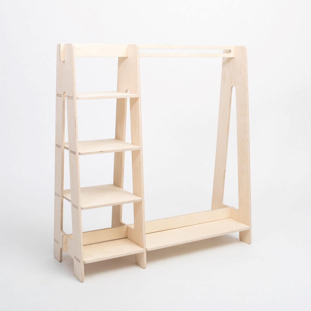 5. Natural wood clothing rack with shelves on white background, showcasing minimalist design