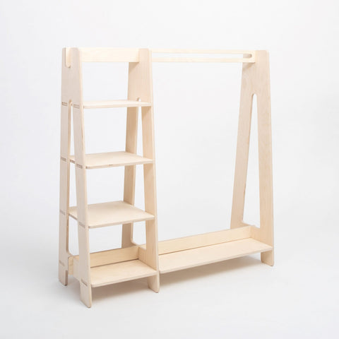 5. Natural wood clothing rack with shelves on white background, showcasing minimalist design