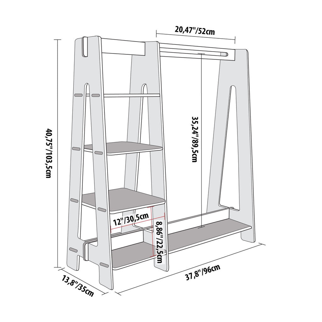 13. Size chart for toddler clothing rack with dimensions in centimeters