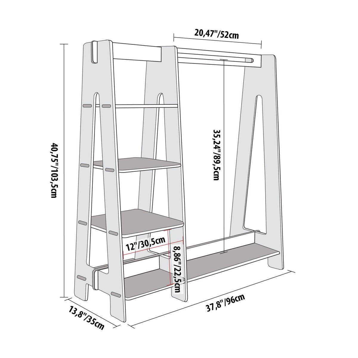 13. Size chart for toddler clothing rack with dimensions in centimeters