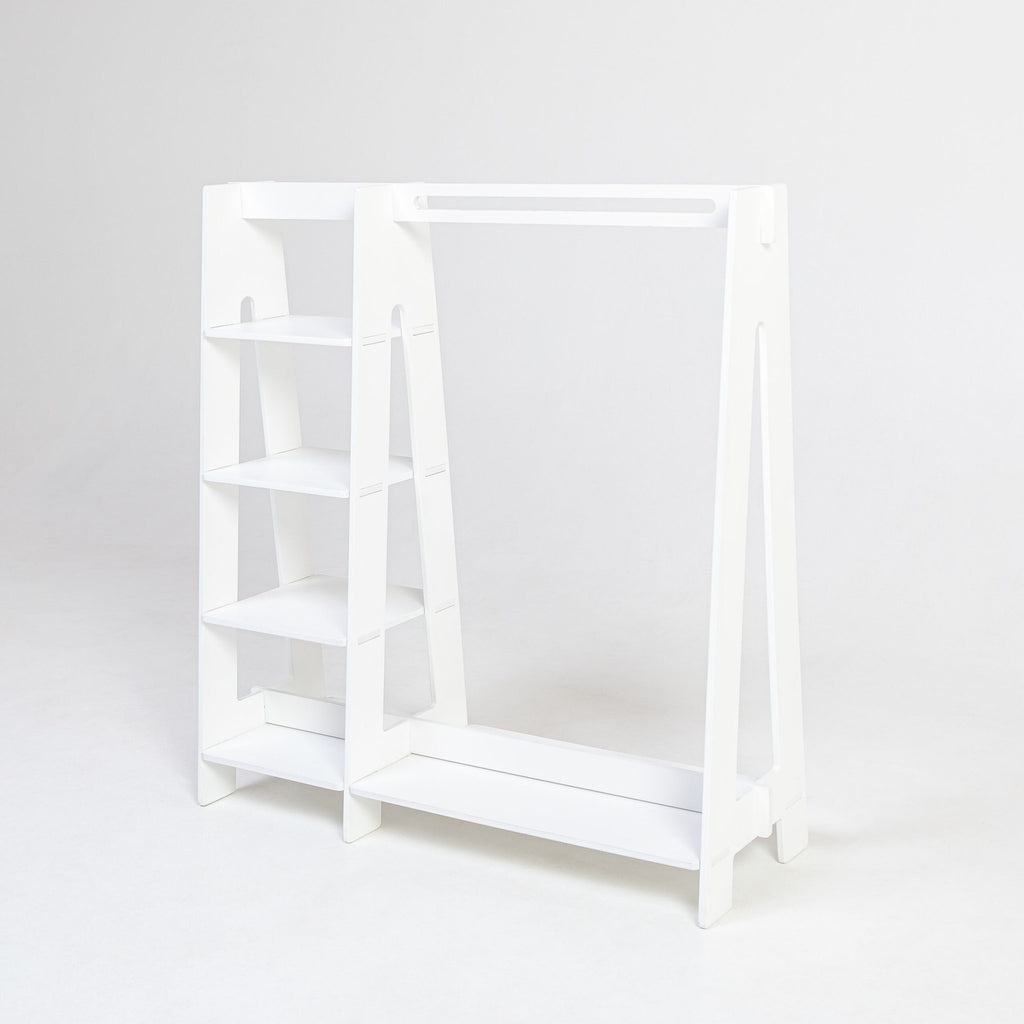 19. White wooden clothing rack with shelves on white background, showcasing clean design
