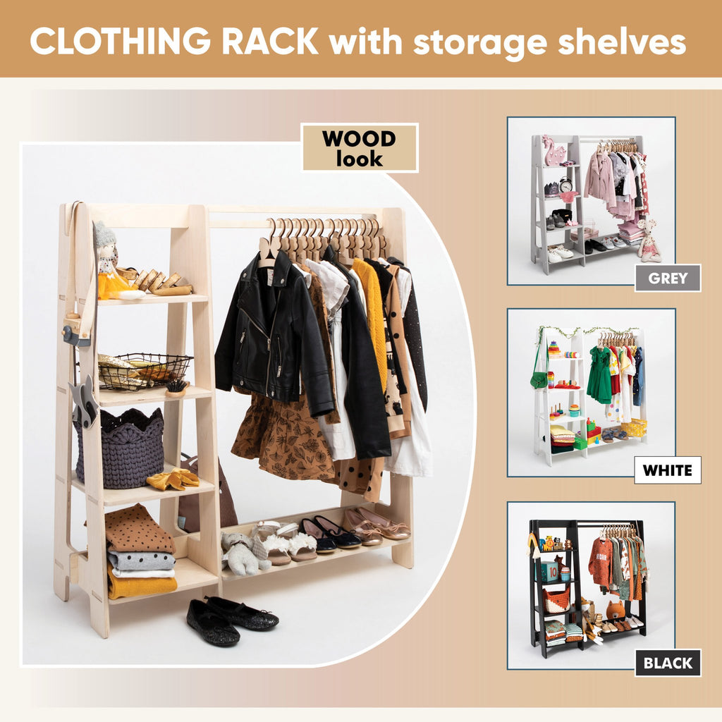 20. Collage of clothing racks with storage shelves in various colors and styles