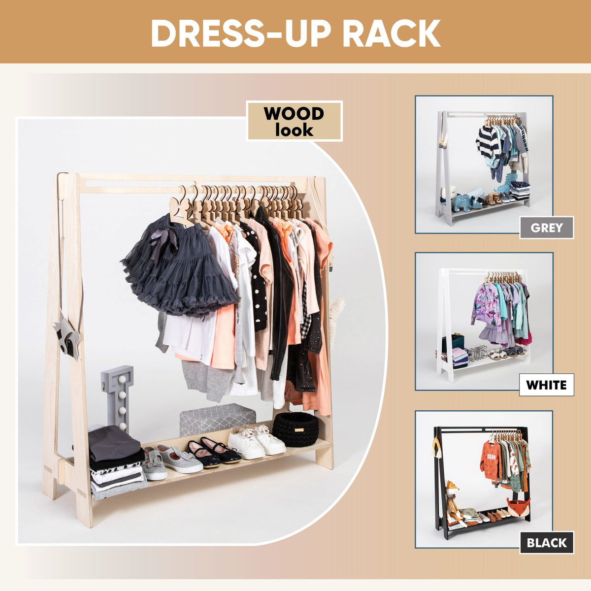 10. Collage of toddler clothing racks in wood, white, and black with various children's clothes