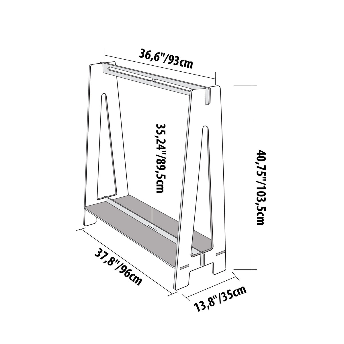 9. Size chart for toddler clothing rack showing dimensions in centimeters