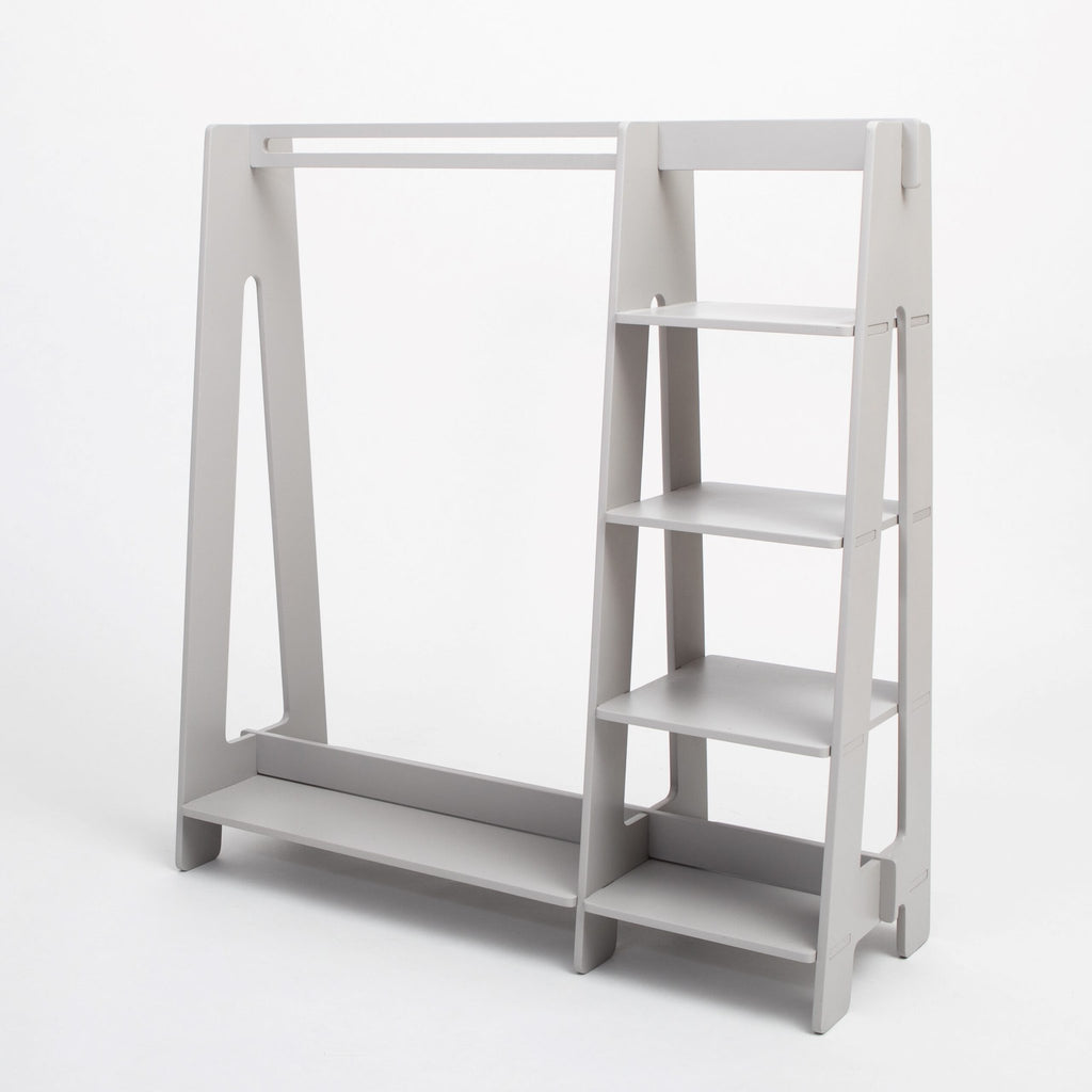 7. Grey wooden clothing rack with shelves on white background, emphasizing sleek design