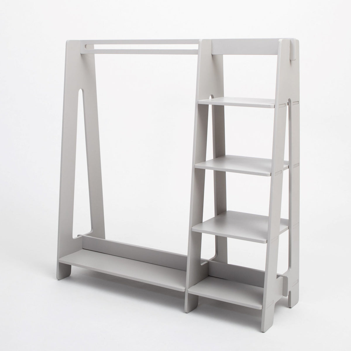 7. Grey wooden clothing rack with shelves on white background, emphasizing sleek design