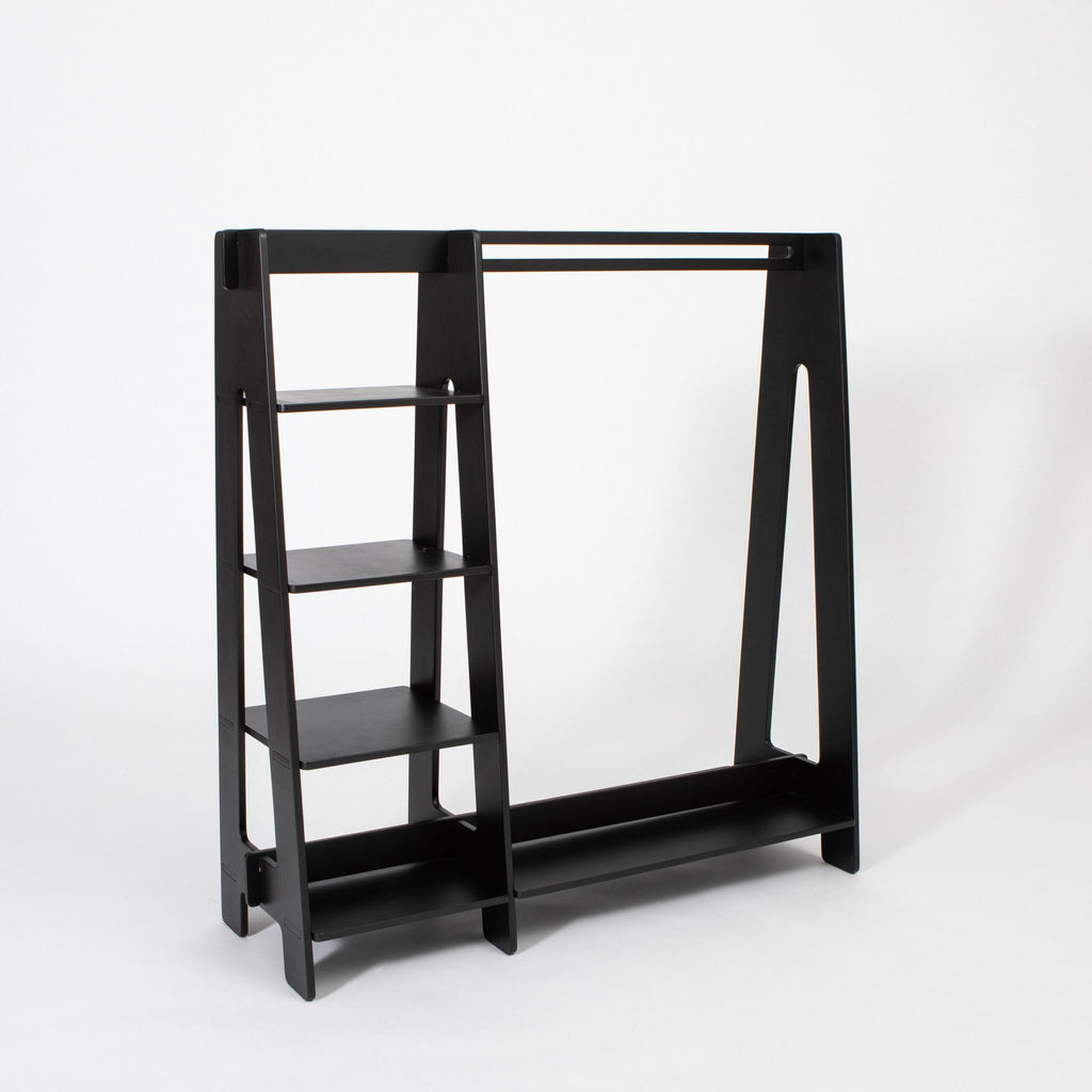 6. Black wooden clothing rack with shelves on white background, highlighting modern style