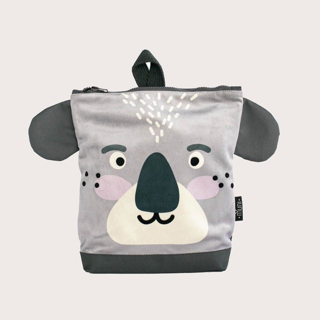 10. Flat lay of Muni Koala backpack, featuring koala face design and brand tag