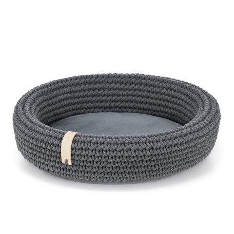 3. Anthracite Labbvenn Coco pet bed with hand-woven cotton rope and soft cushion on white background