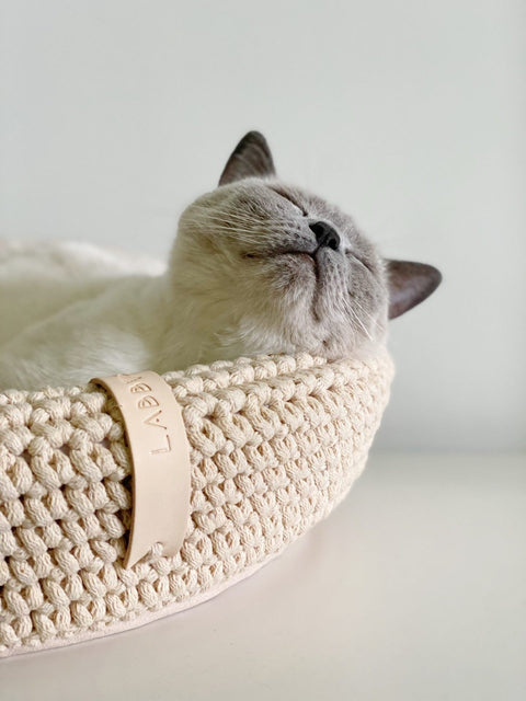 1. Cat resting in beige Labbvenn Coco pet bed made of hand-woven cotton rope, showing brand tag, in a cozy indoor setting