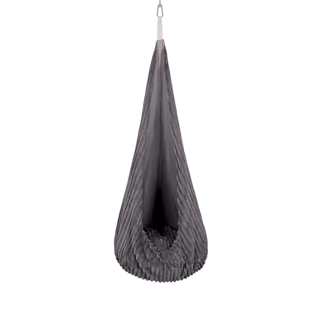 1. Grey corduroy cocoon swing for kids with plush cushion, hanging from ceiling hook, shown in studio setting