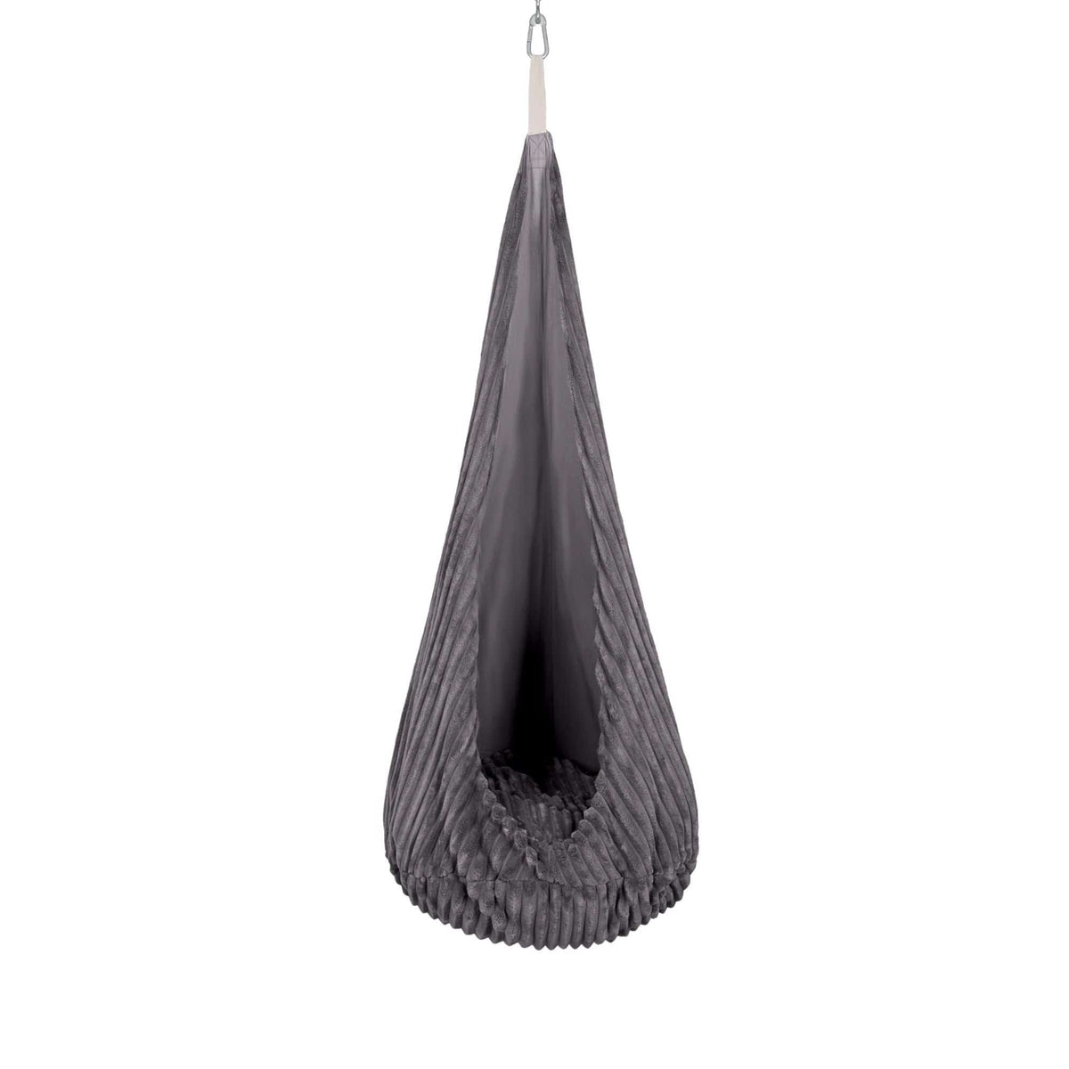 1. Grey corduroy cocoon swing for kids with plush cushion, hanging from ceiling hook, shown in studio setting