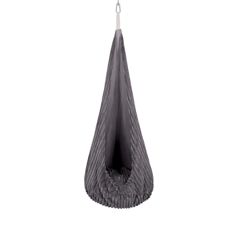 1. Grey corduroy cocoon swing for kids with plush cushion, hanging from ceiling hook, shown in studio setting