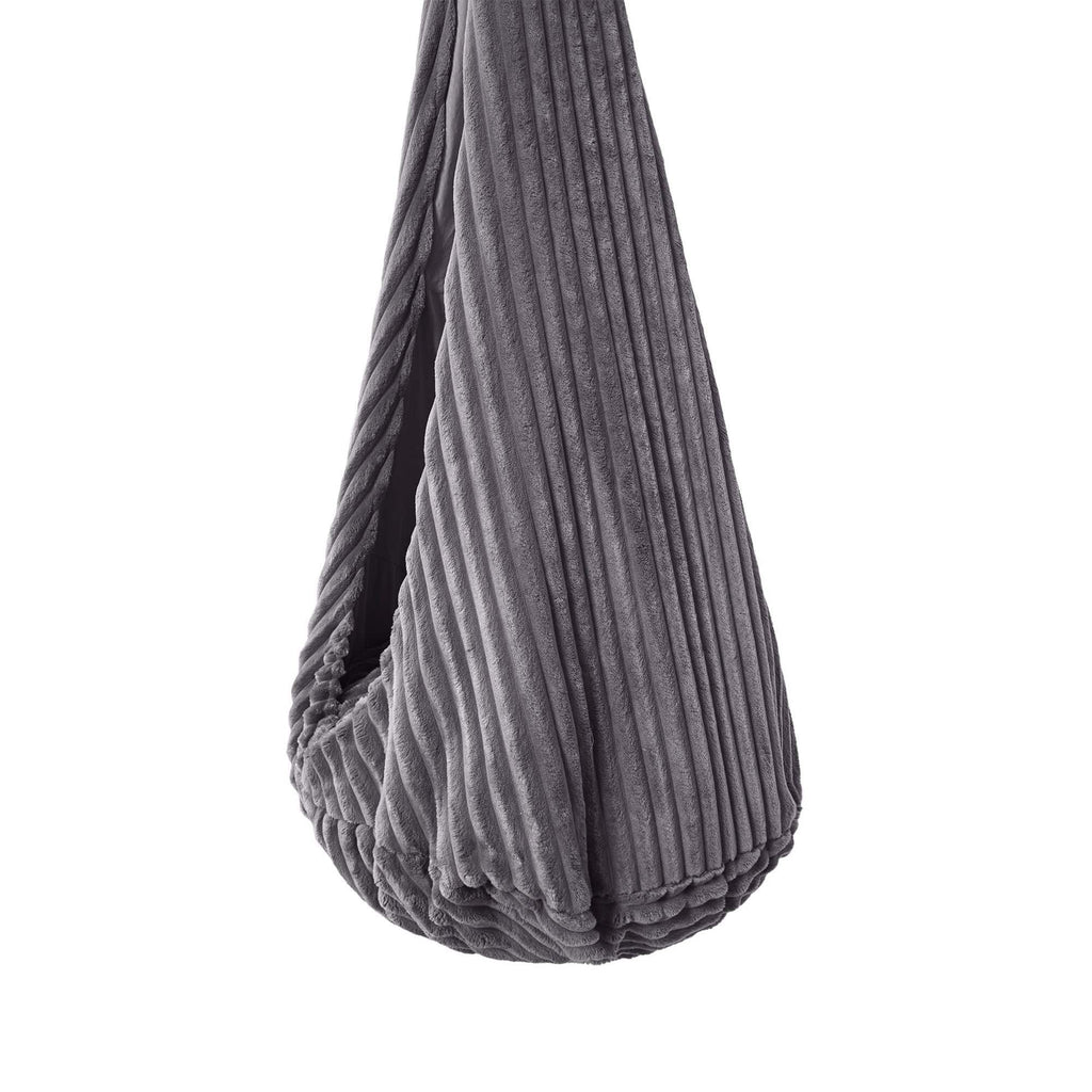 3. Close-up of grey corduroy fabric texture on cocoon swing for kids