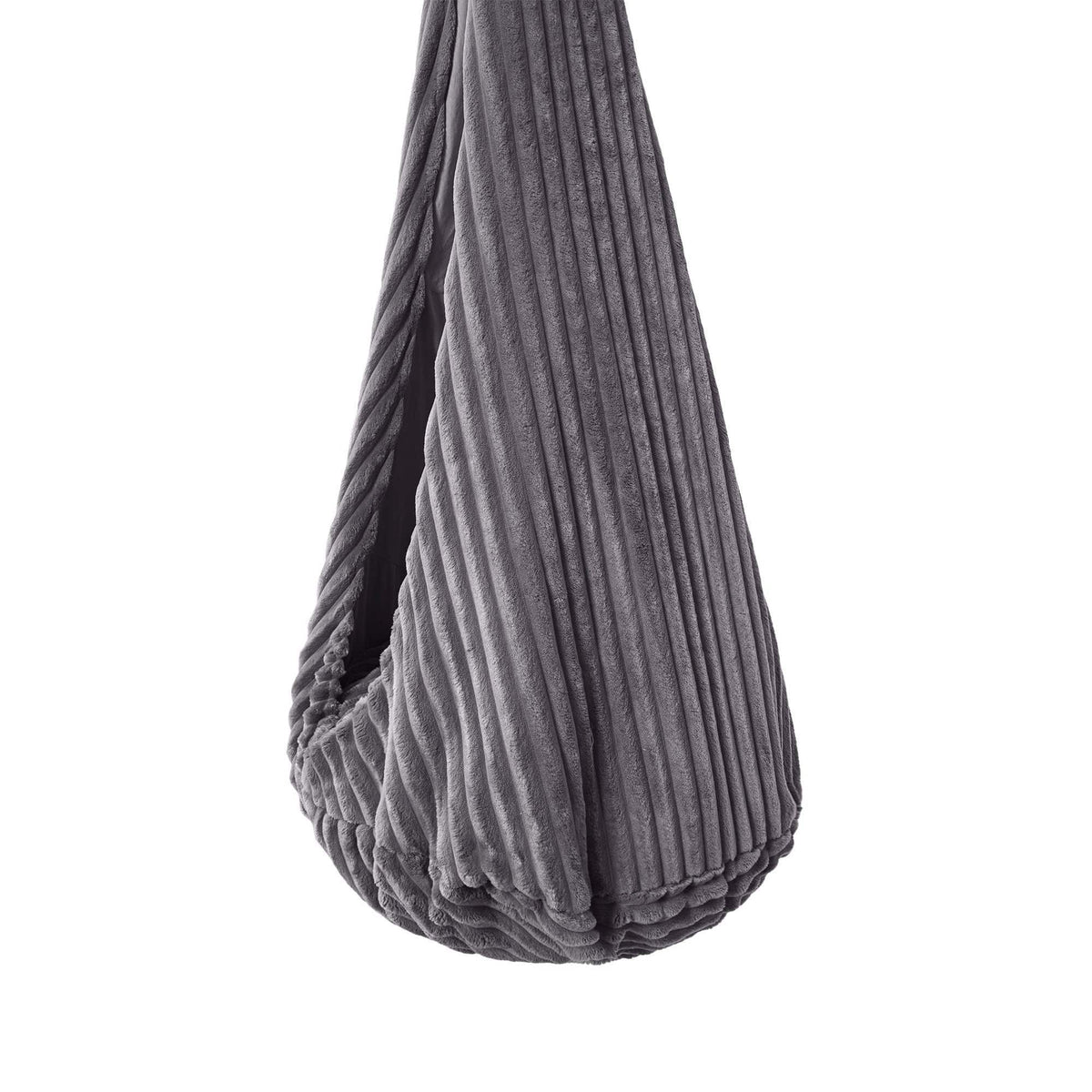 3. Close-up of grey corduroy fabric texture on cocoon swing for kids