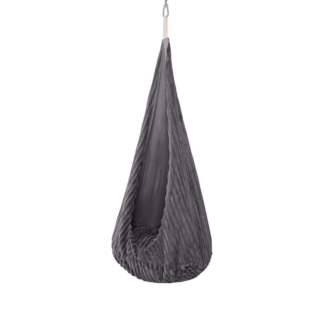 2. Grey cocoon swing for kids with plush cushion, hanging from ceiling hook, shown in studio setting