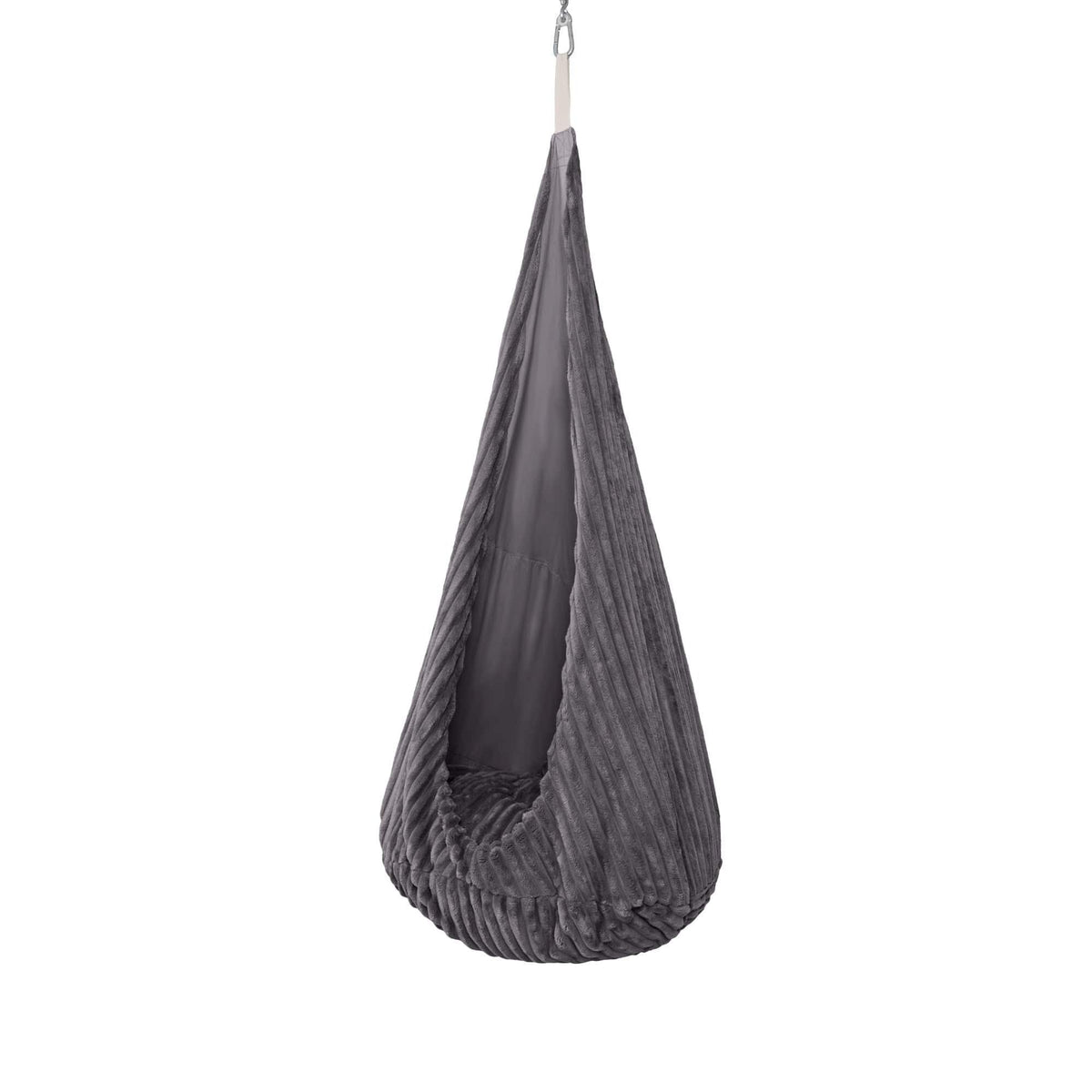 2. Grey cocoon swing for kids with plush cushion, hanging from ceiling hook, shown in studio setting