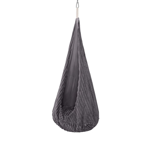 2. Grey cocoon swing for kids with plush cushion, hanging from ceiling hook, shown in studio setting