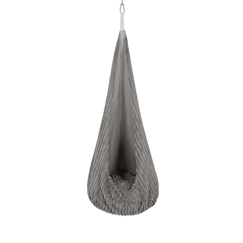 1. Grey cocoon swing for kids made of soft corduroy with plush cushion, hanging from ceiling hook, ideal for reading or relaxing