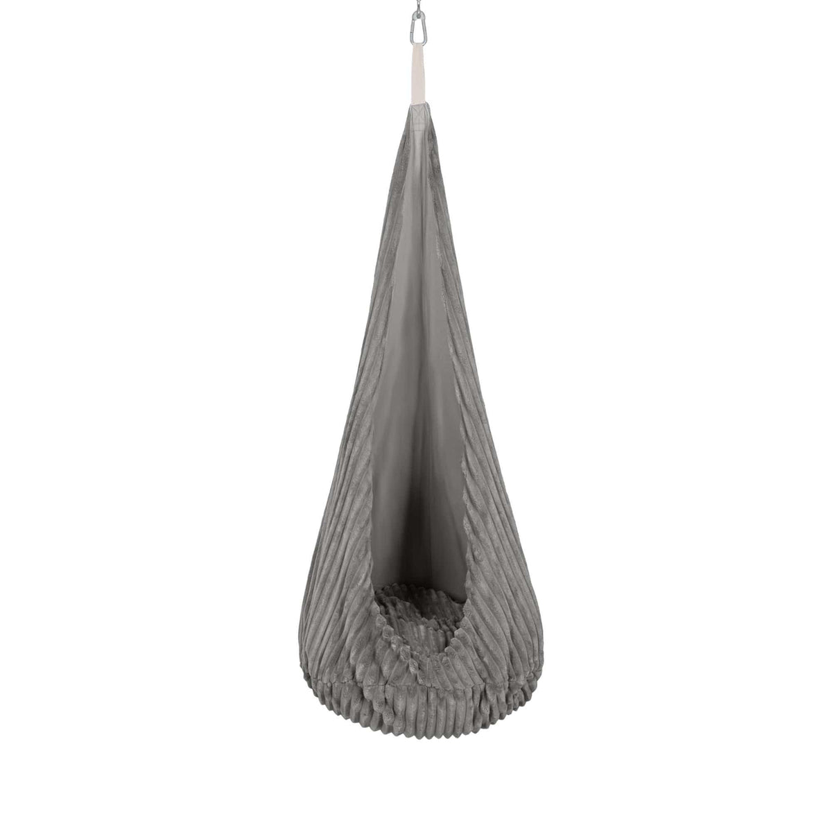 1. Grey cocoon swing for kids made of soft corduroy with plush cushion, hanging from ceiling hook, ideal for reading or relaxing
