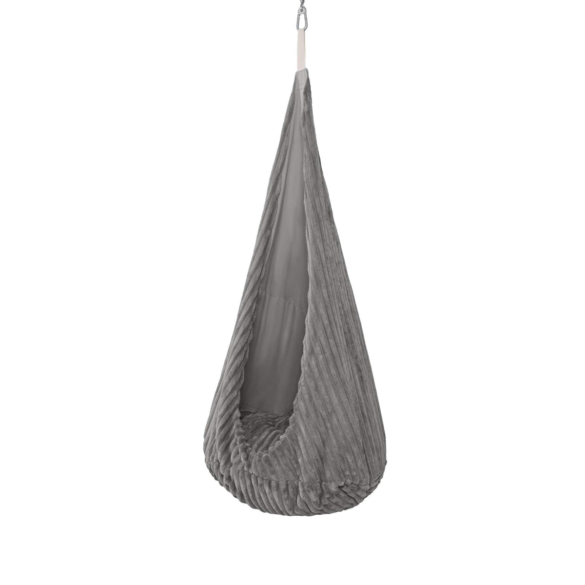 2. Grey cocoon swing for kids with soft corduroy fabric and plush cushion, shown hanging from ceiling hook