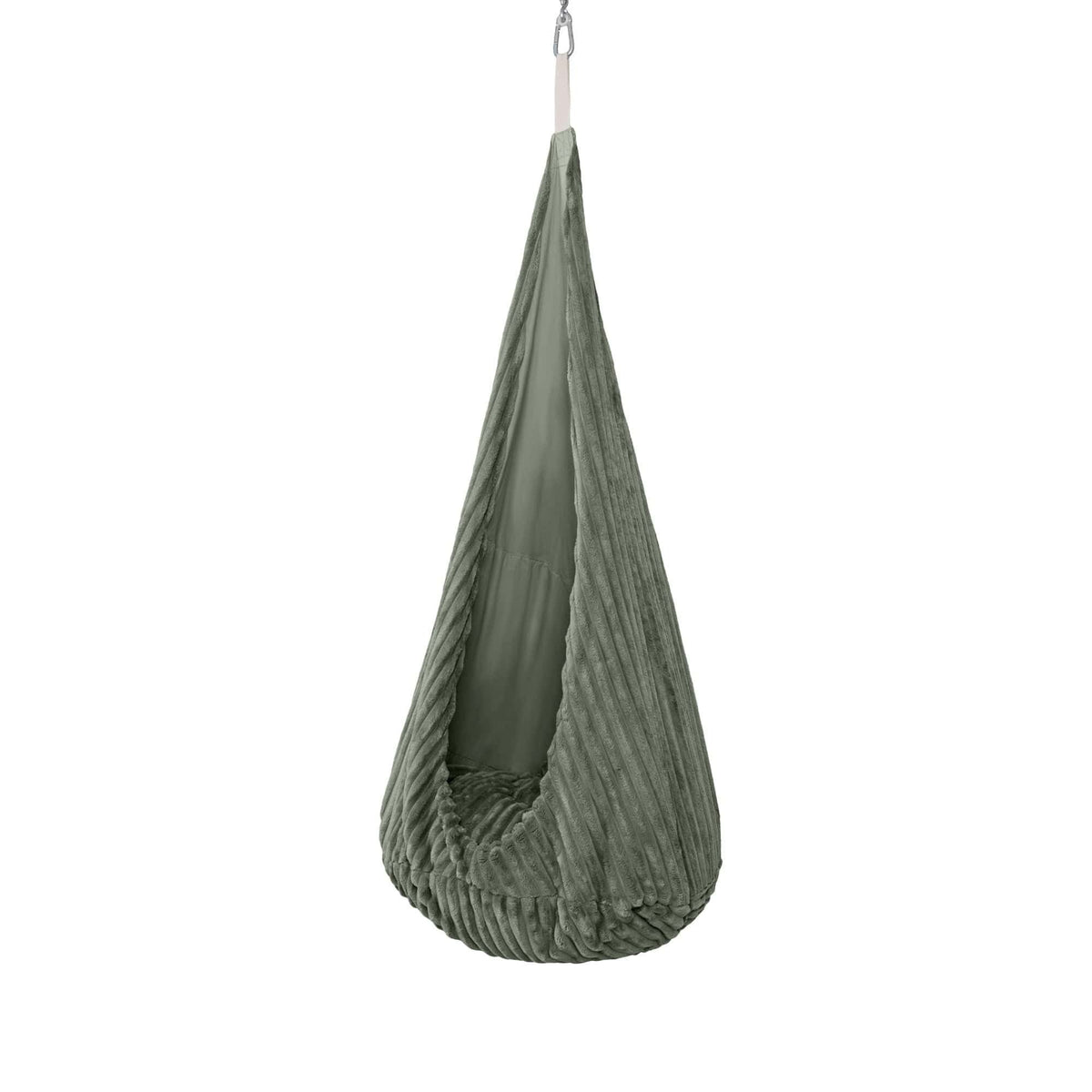 2. Olive sage green MeowBaby cocoon swing for kids with plush cushion, shown hanging in studio setting