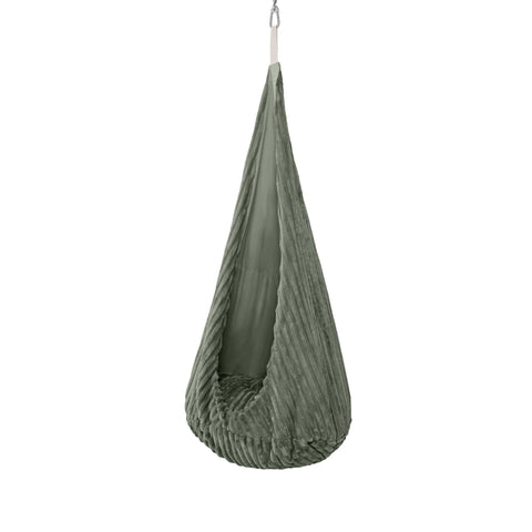 2. Olive sage green MeowBaby cocoon swing for kids with plush cushion, shown hanging in studio setting