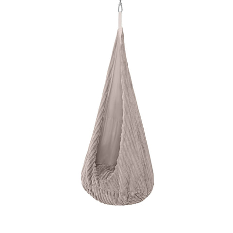 2. Side view of MeowBaby cocoon swing for kids in churros pebble beige, highlighting plush cushion and corduroy fabric