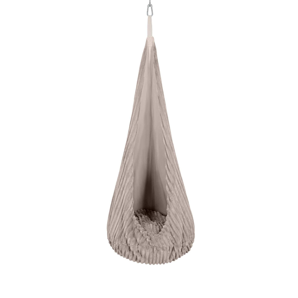 1. MeowBaby cocoon swing for kids in churros pebble beige, hanging from ceiling, showcasing soft corduroy texture