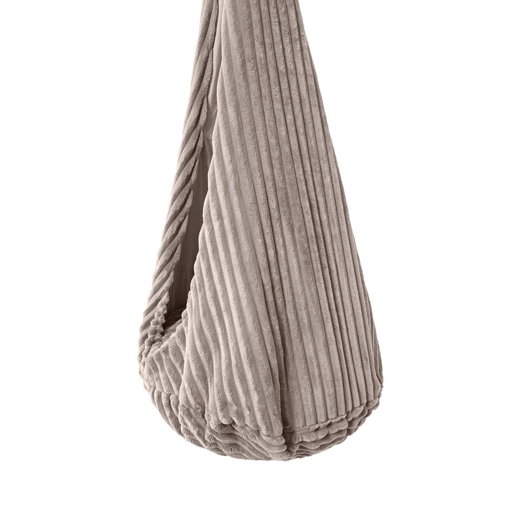 3. Close-up of MeowBaby cocoon swing in churros pebble beige, focusing on ribbed corduroy fabric detail