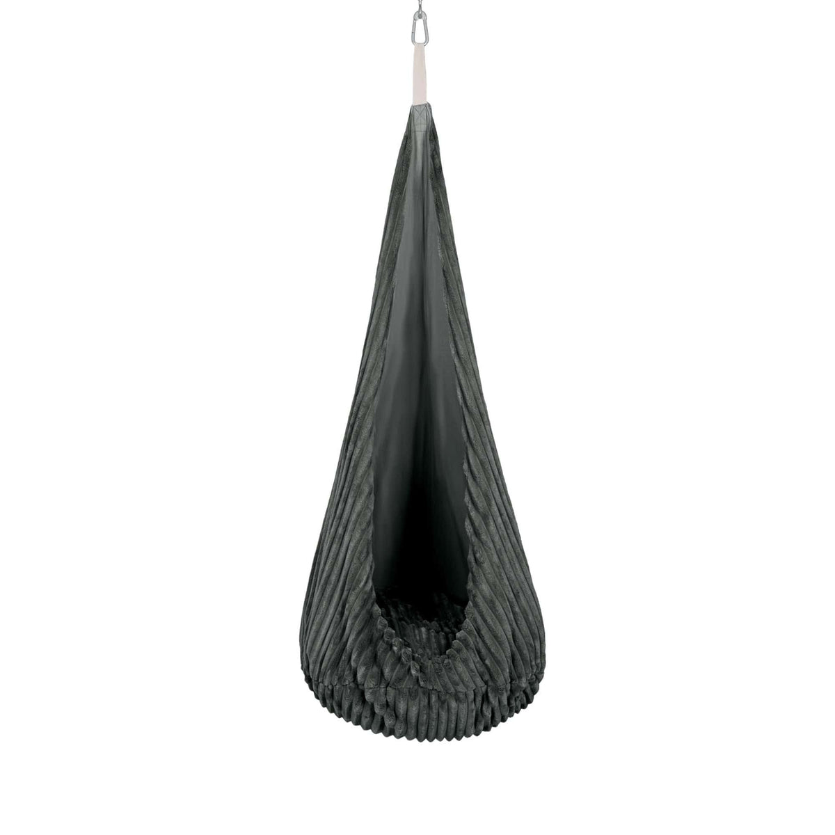 1. MeowBaby cocoon swing for kids in churros pine forest green, hanging from ceiling, showcasing soft corduroy fabric