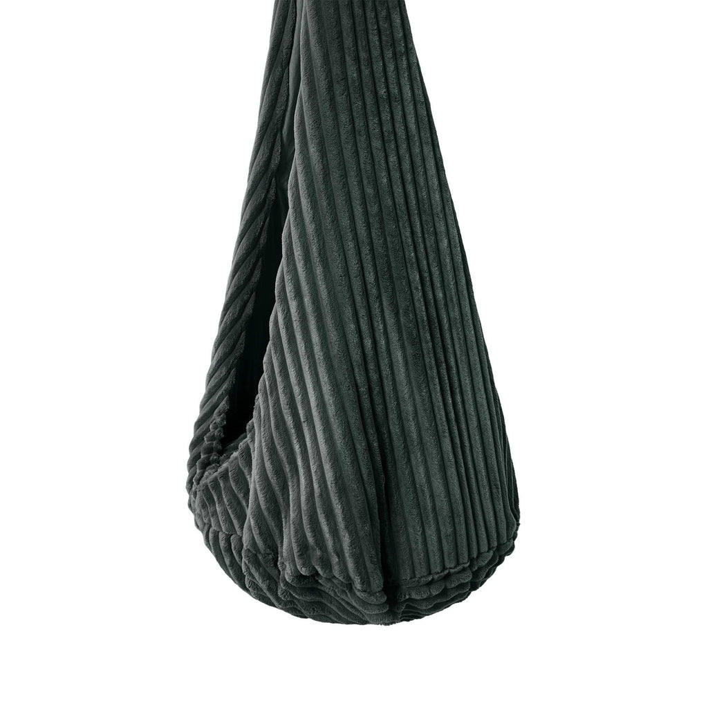 3. Close-up of MeowBaby cocoon swing in churros pine forest green, focusing on textured corduroy fabric
