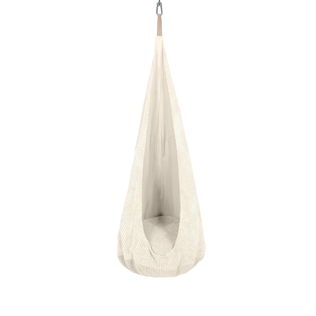 1. Ecru cocoon swing for kids made of soft corduroy with a plush cushion, shown hanging in a studio setting