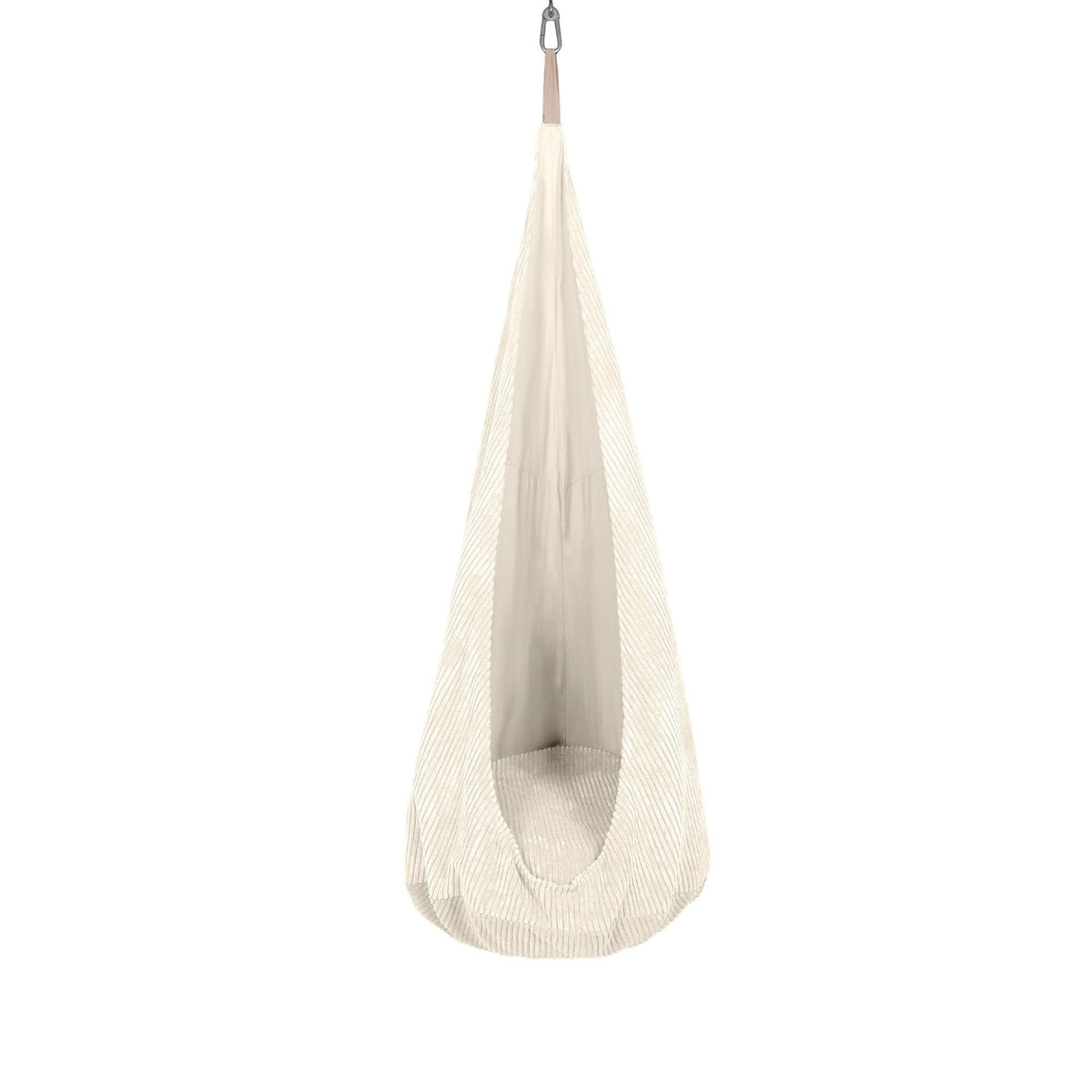 1. Ecru cocoon swing for kids made of soft corduroy with a plush cushion, shown hanging in a studio setting