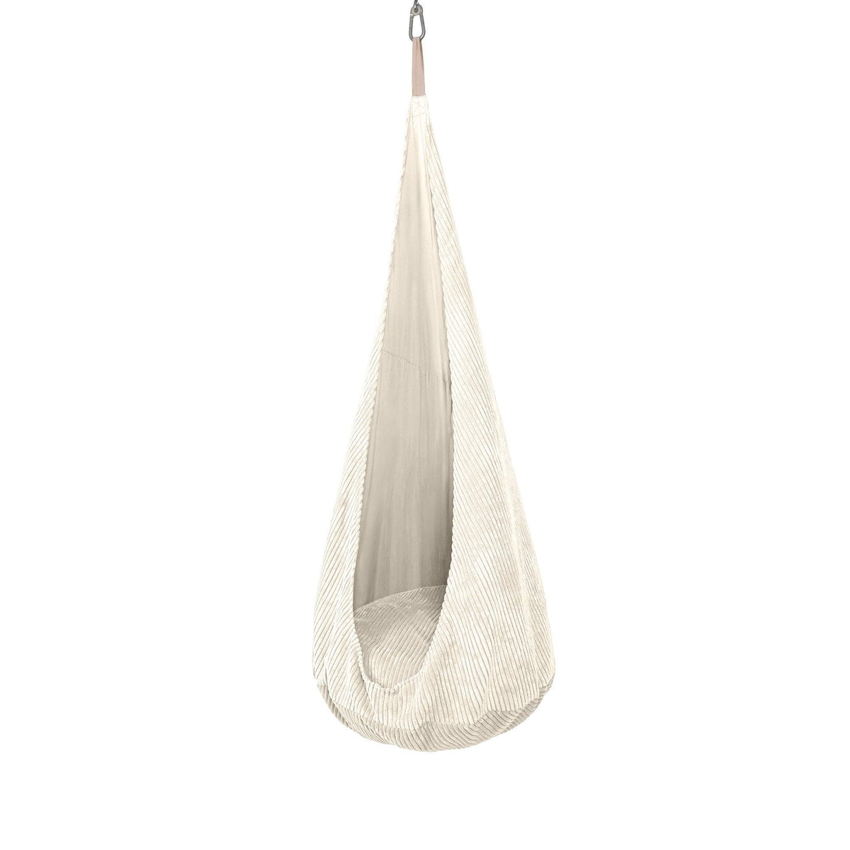 2. Ecru cocoon swing for kids with textured corduroy fabric, displayed in a studio environment