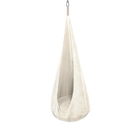2. Ecru cocoon swing for kids with textured corduroy fabric, displayed in a studio environment