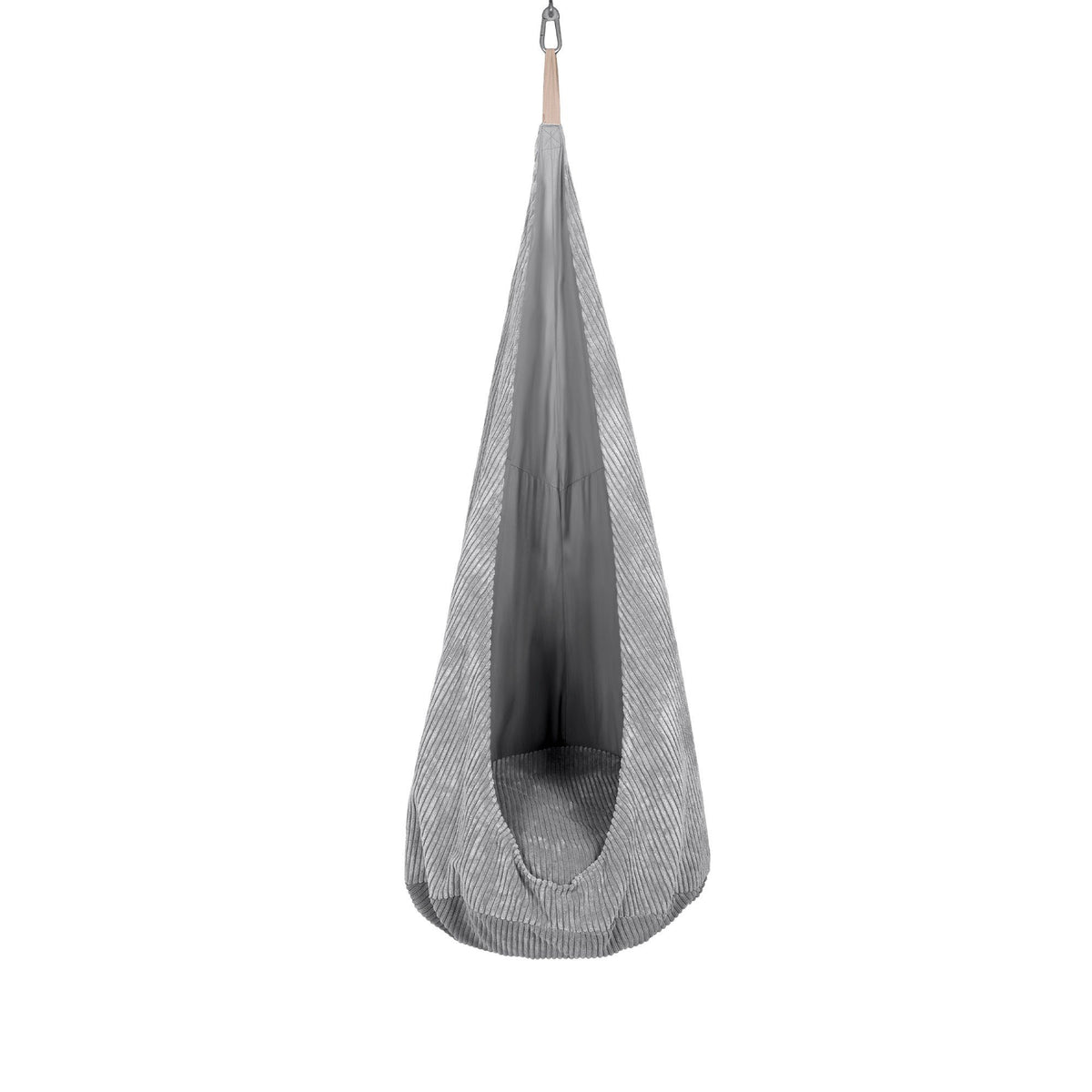 1. Grey corduroy cocoon swing for kids with plush cushion, shown hanging in a studio setting