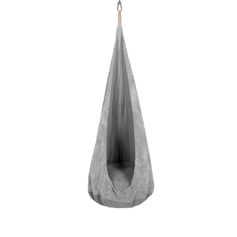 1. Grey corduroy cocoon swing for kids with plush cushion, shown hanging in a studio setting