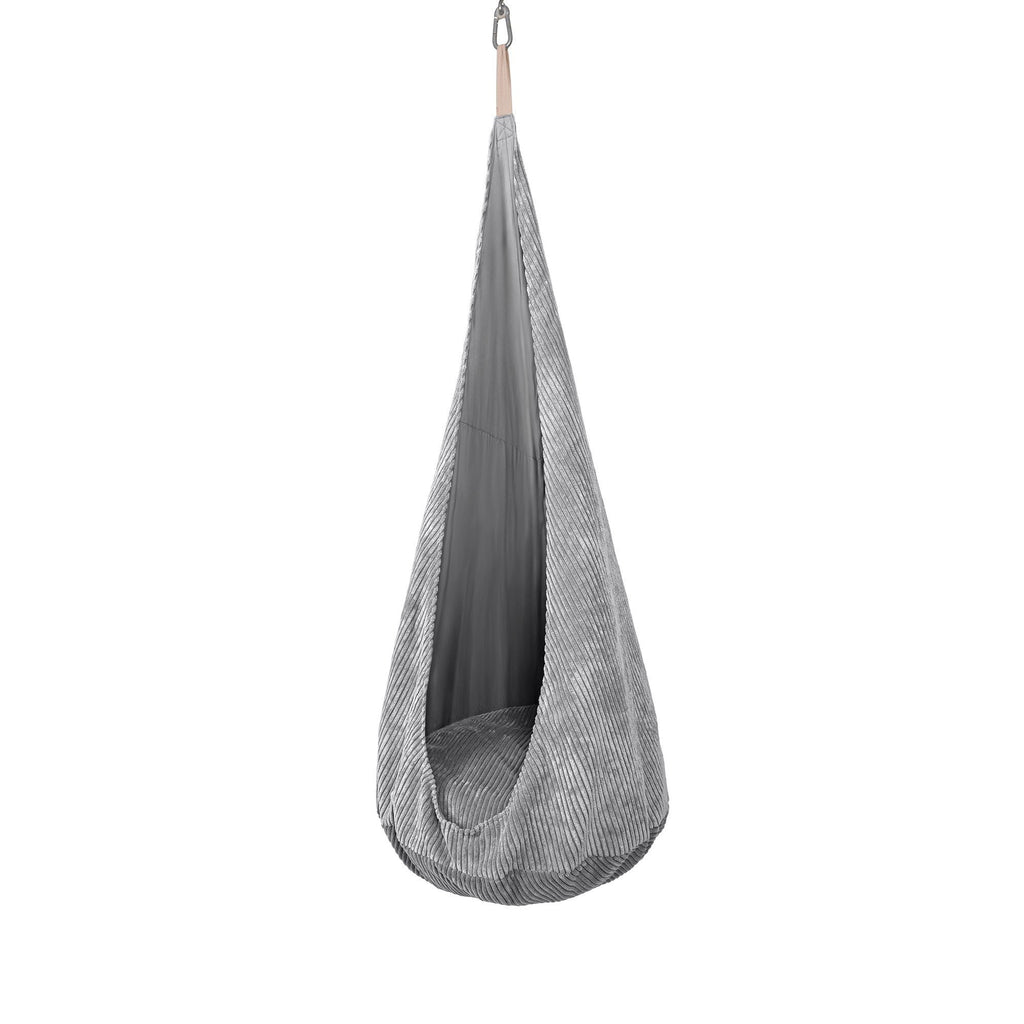 2. Grey cocoon swing for kids with soft cushion, displayed in a studio environment