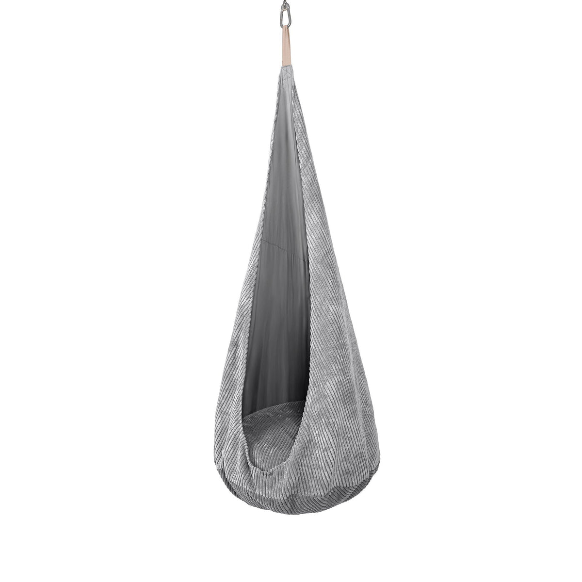 2. Grey cocoon swing for kids with soft cushion, displayed in a studio environment