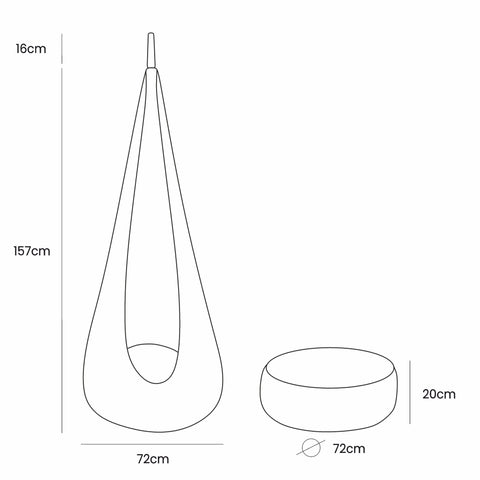 4. Size chart for MeowBaby cocoon swing showing dimensions of swing and cushion in centimeters