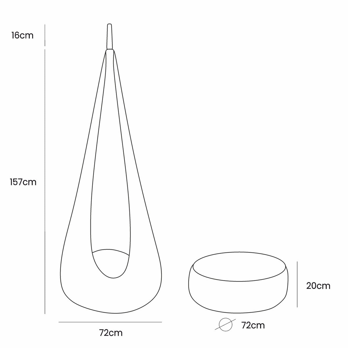 5. Size chart for cocoon swing showing dimensions of swing and cushion in centimeters