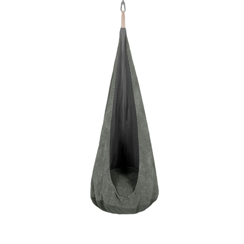 1. Khaki corduroy cocoon swing for kids with plush cushion, shown hanging against a white background